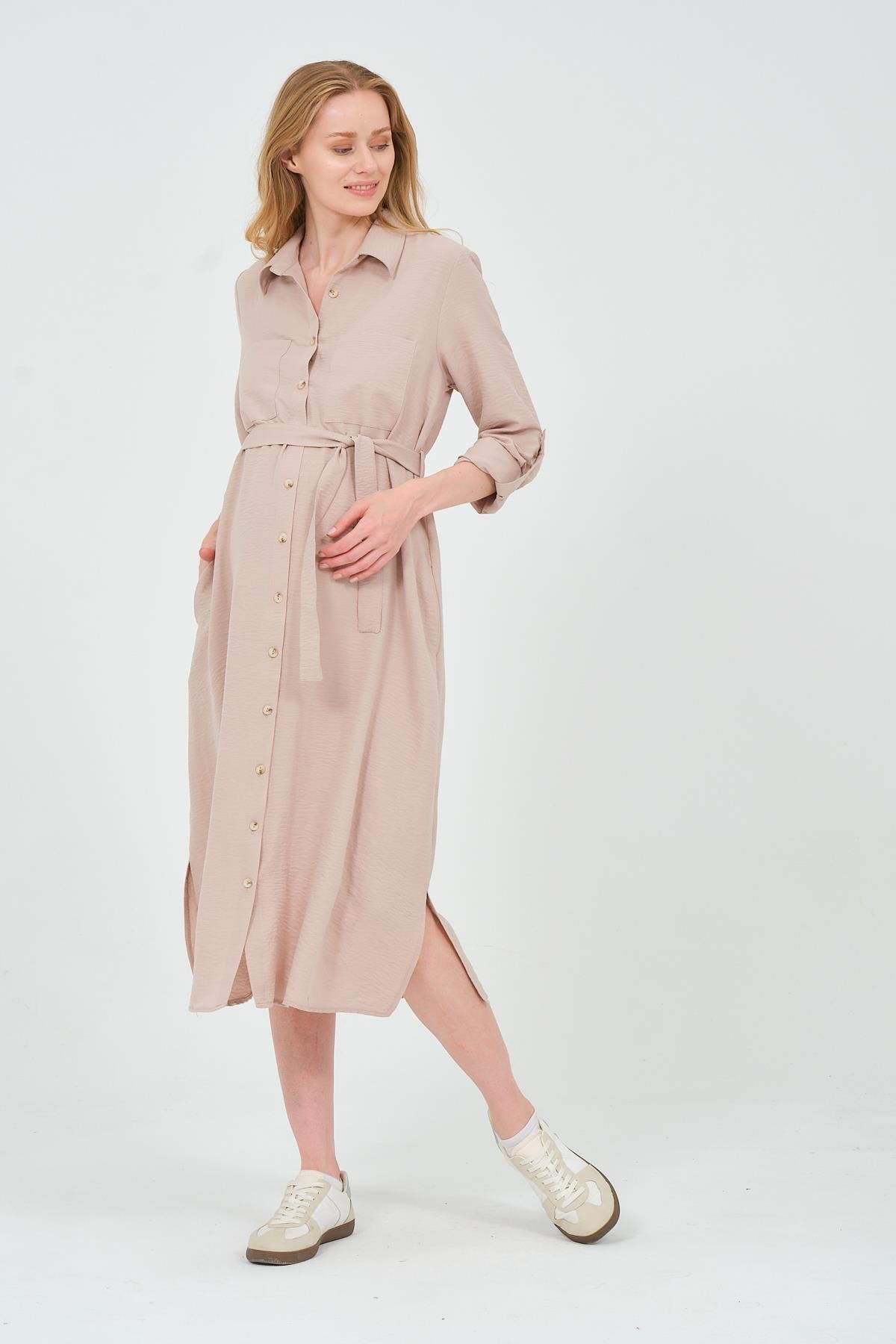 Busa Maternity Shirt Collar Front Pocket Midi Length Dress Mink