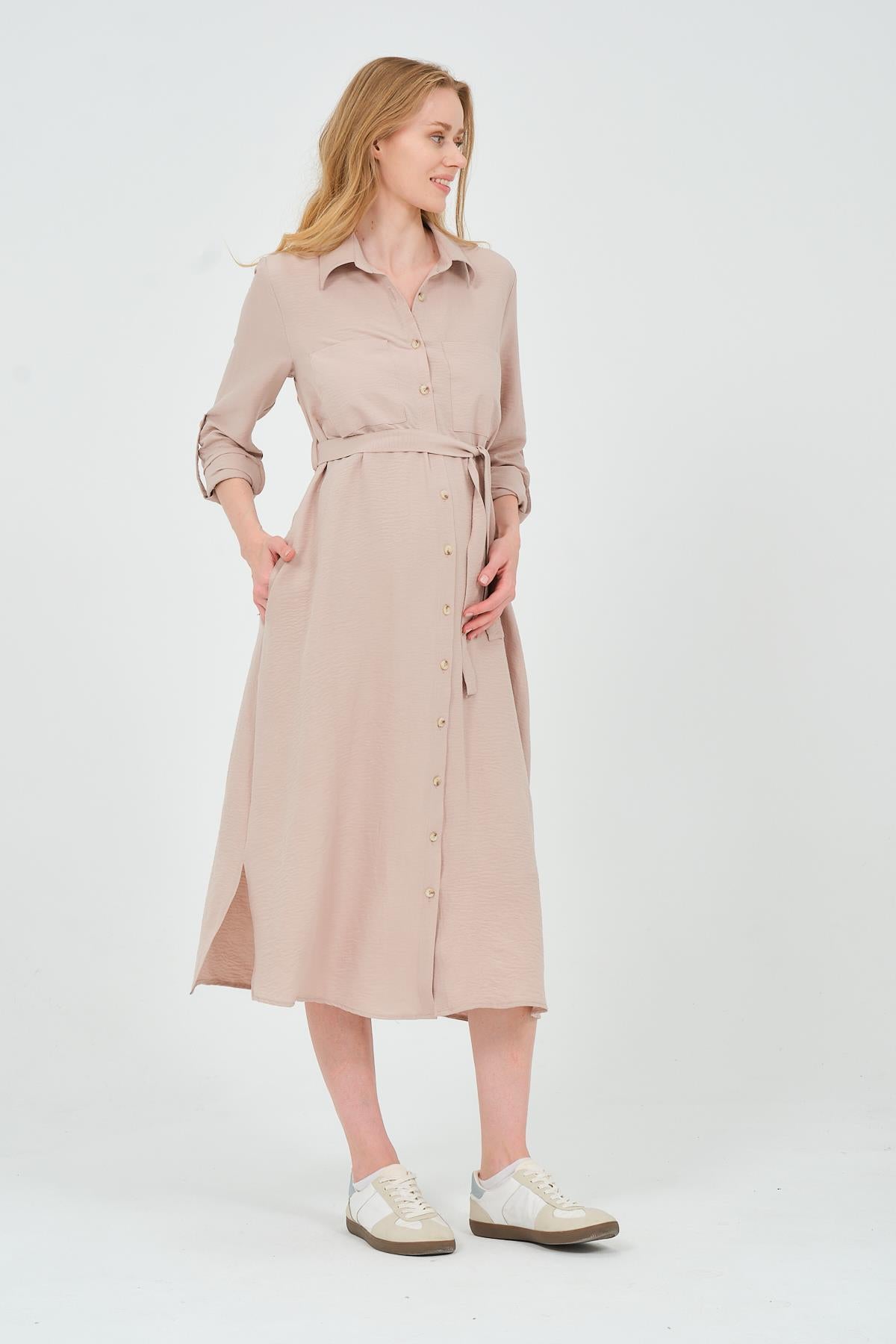 Busa Maternity Shirt Collar Front Pocket Midi Length Dress Mink