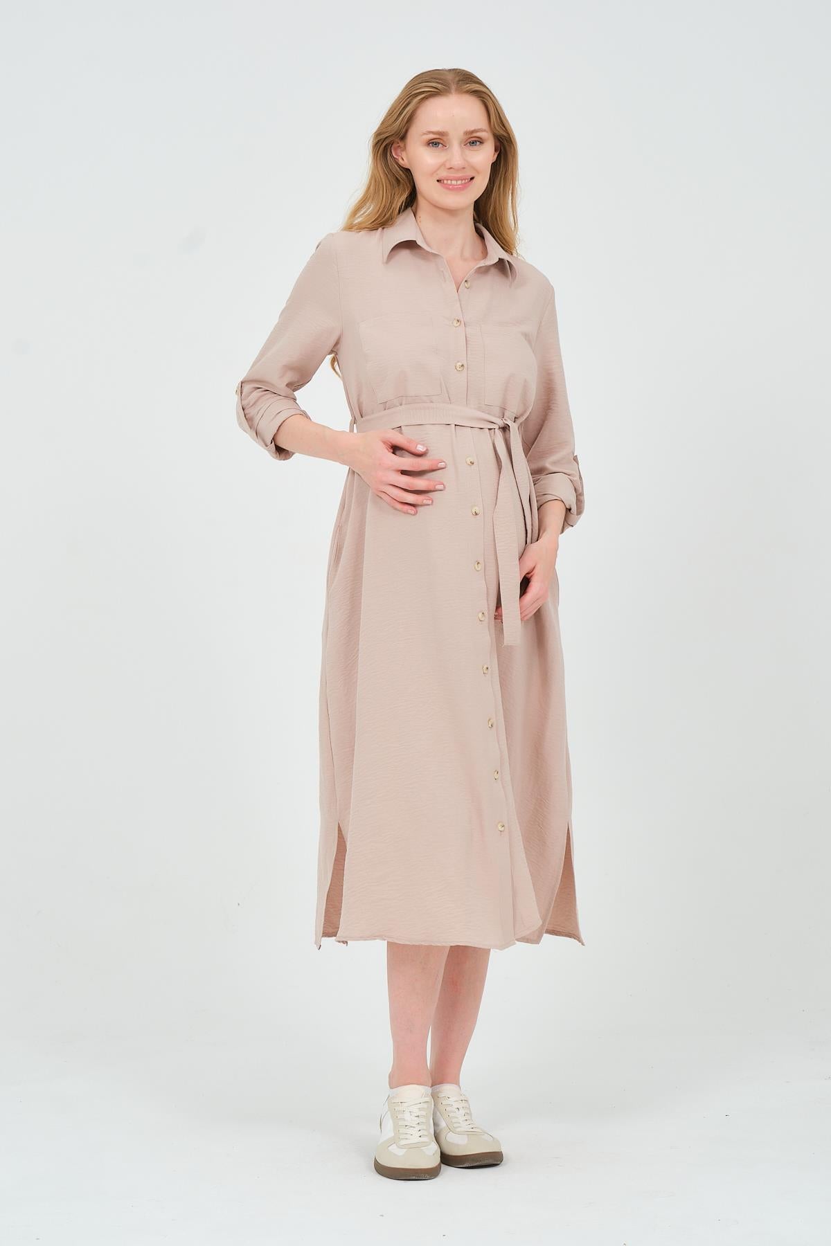 Busa Maternity Shirt Collar Front Pocket Midi Length Dress Mink