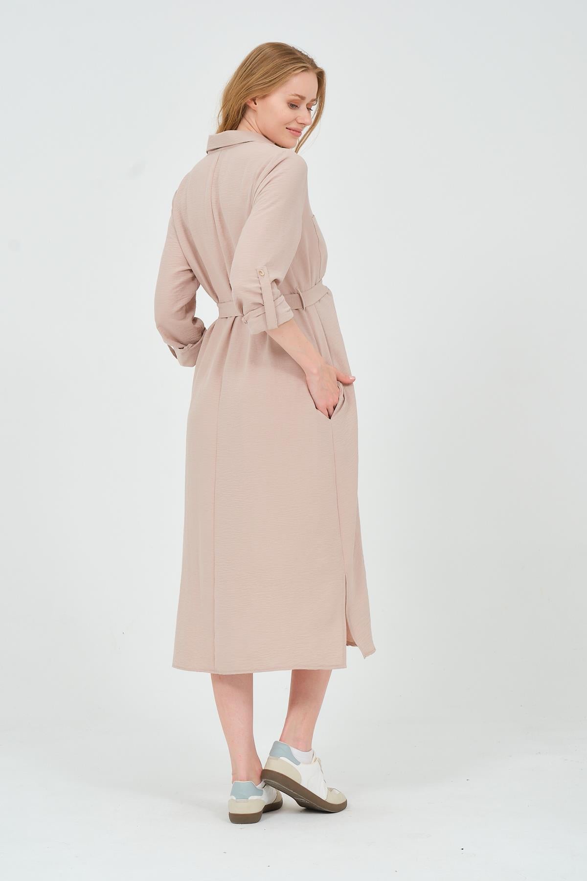 Busa Maternity Shirt Collar Front Pocket Midi Length Dress Mink