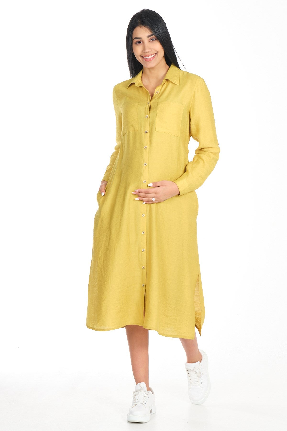 Busa Maternity Shirt Collar Front Pocket Midi Length Dress Mink