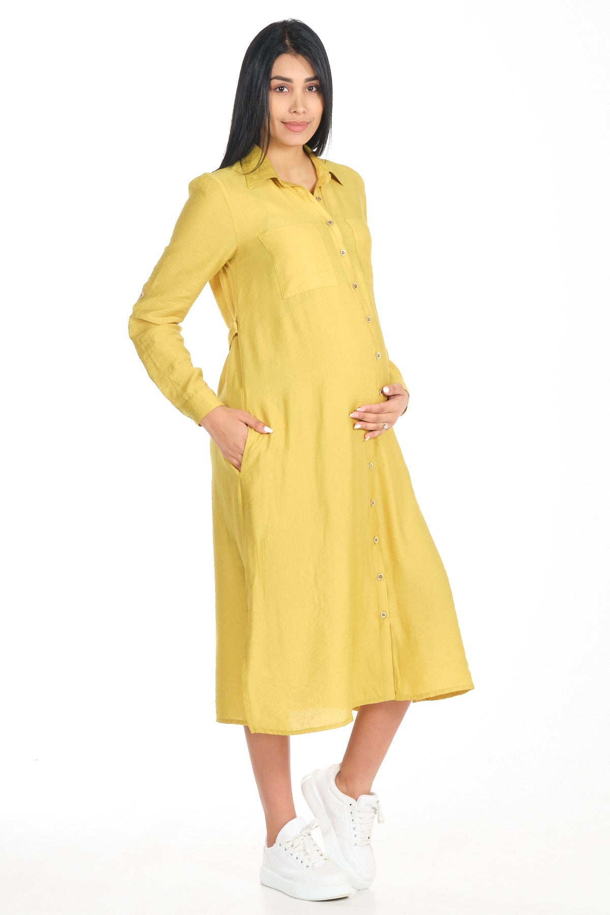 Busa Maternity Shirt Collar Front Pocket Midi Length Dress Mink