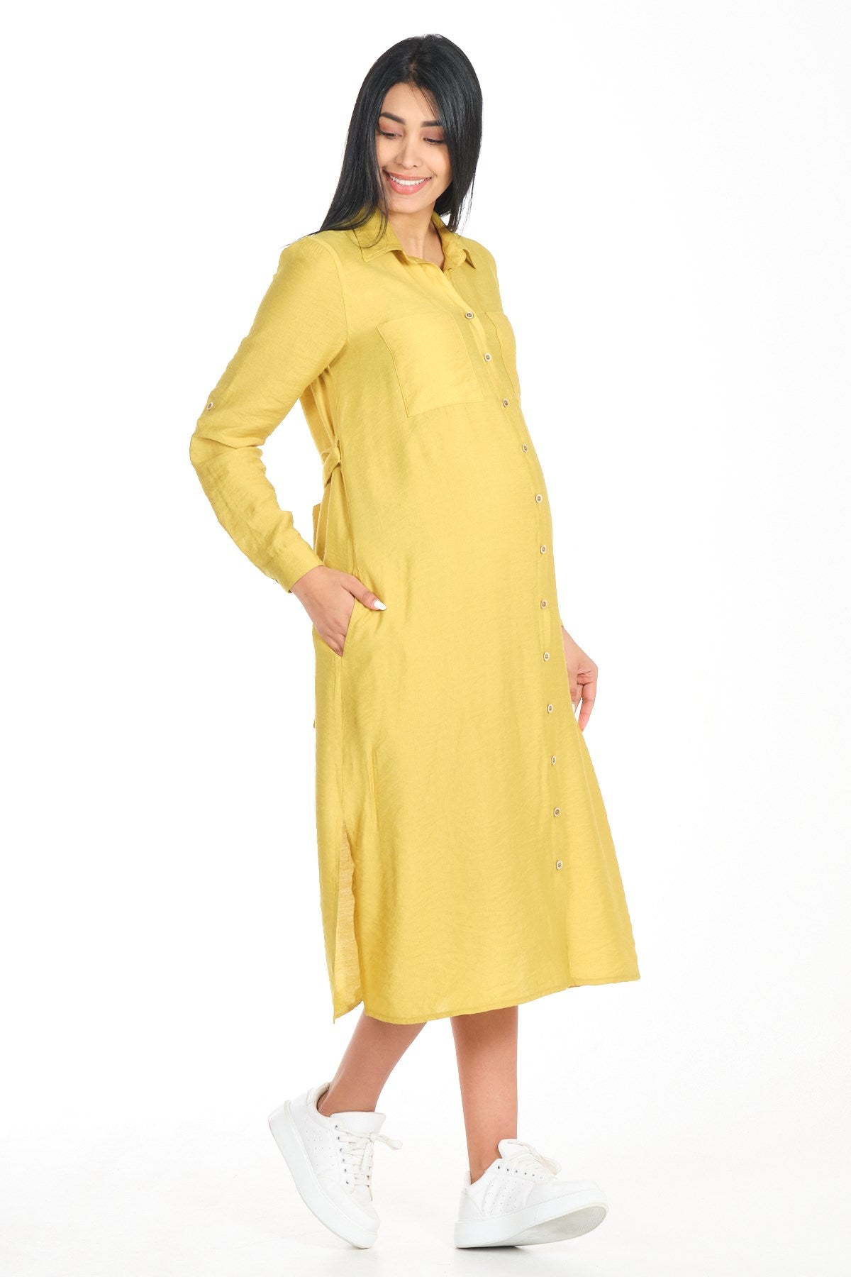 Busa Maternity Shirt Collar Front Pocket Midi Length Dress Mink