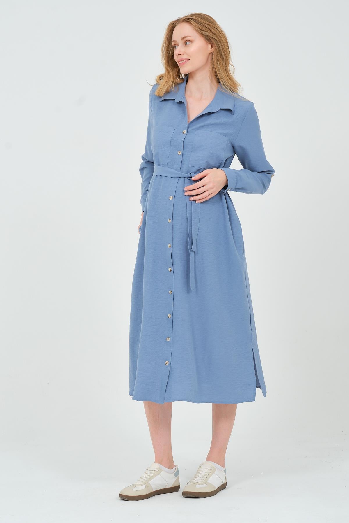 Busa Maternity Shirt Collar Front Pocket Midi Length Dress Mink