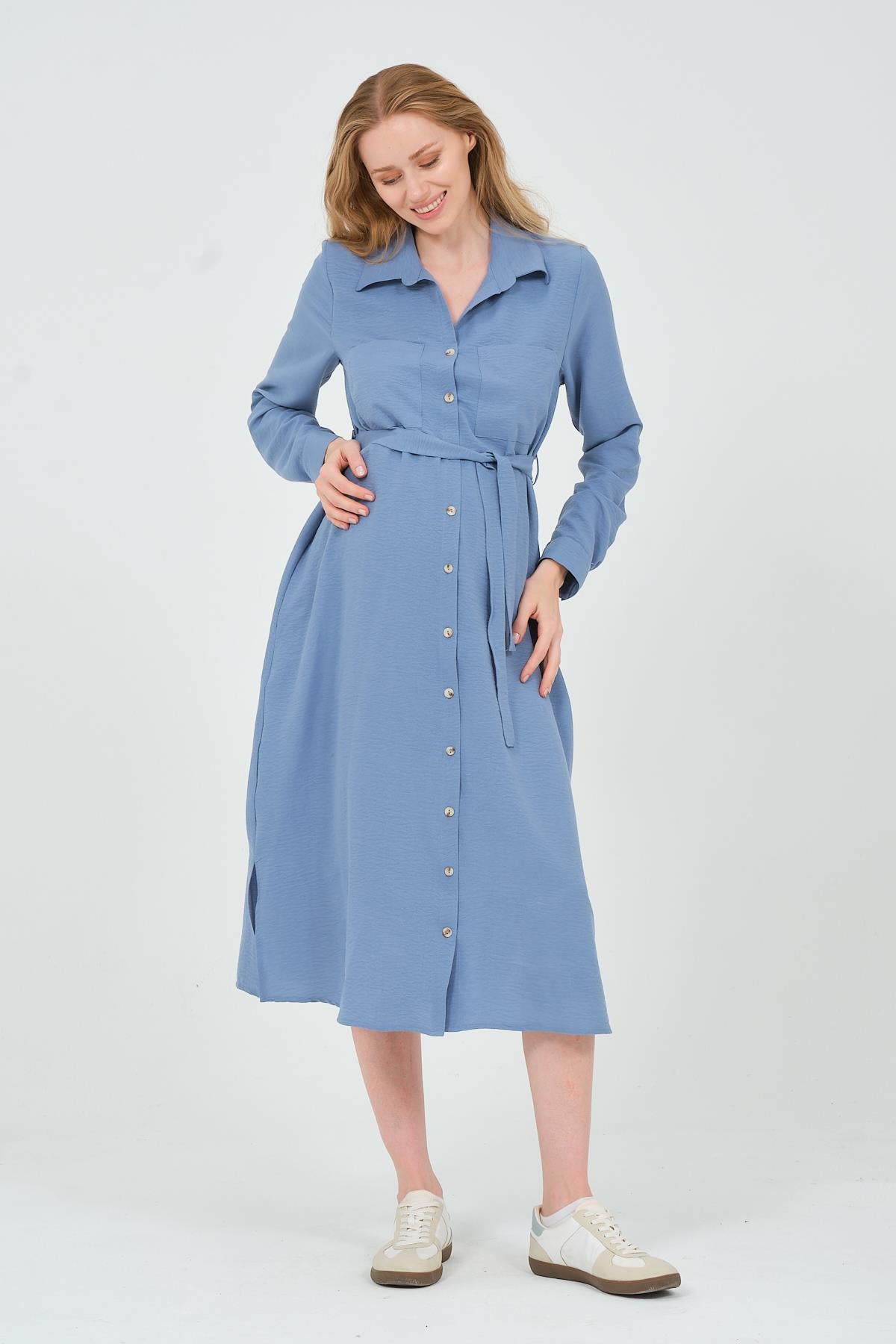 Busa Maternity Shirt Collar Front Pocket Midi Length Dress Mink