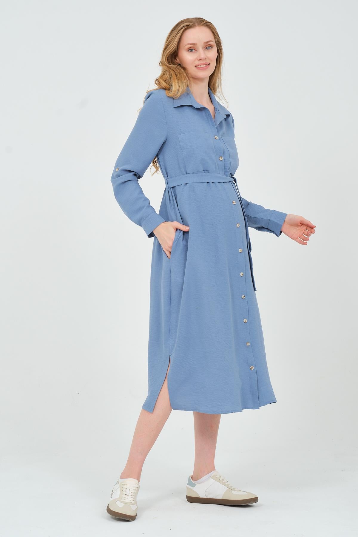 Busa Maternity Shirt Collar Front Pocket Midi Length Dress Mink