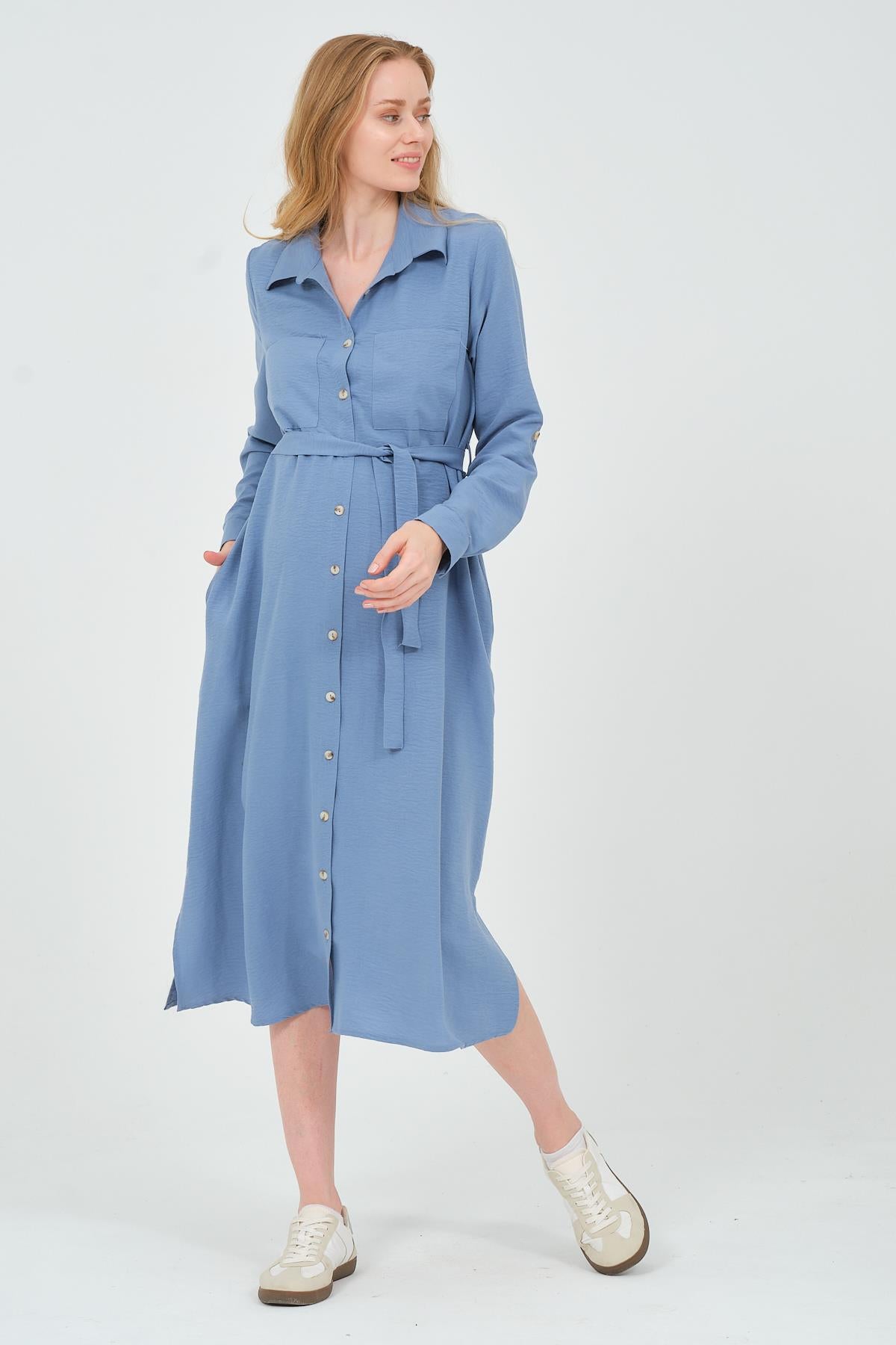 Busa Maternity Shirt Collar Front Pocket Midi Length Dress Mink