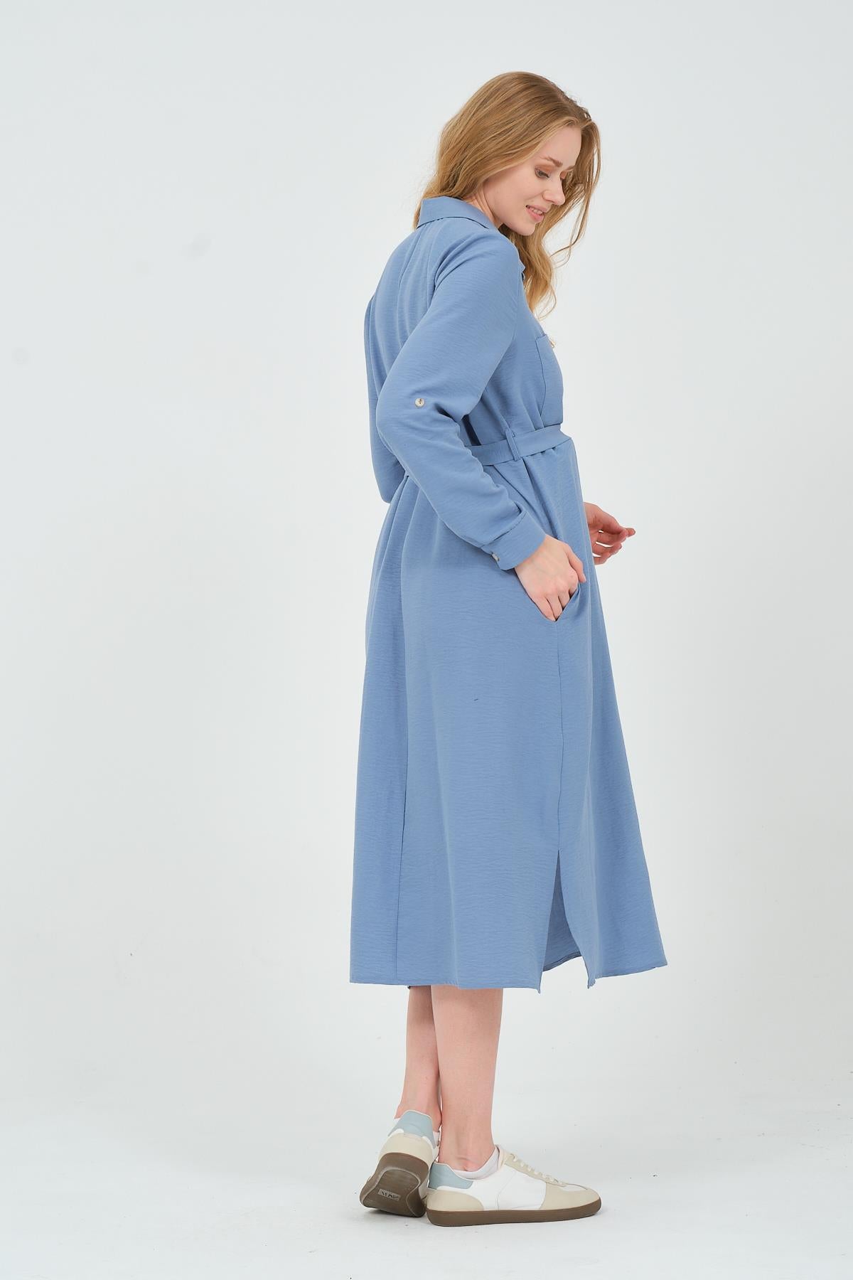 Busa Maternity Shirt Collar Front Pocket Midi Length Dress Mink