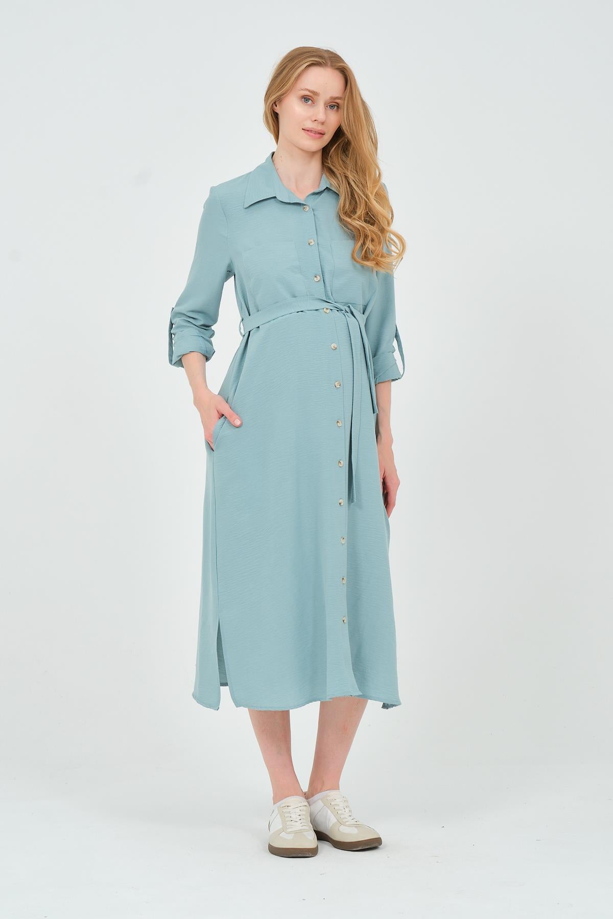 Busa Maternity Shirt Collar Front Pocket Midi Length Dress Mink