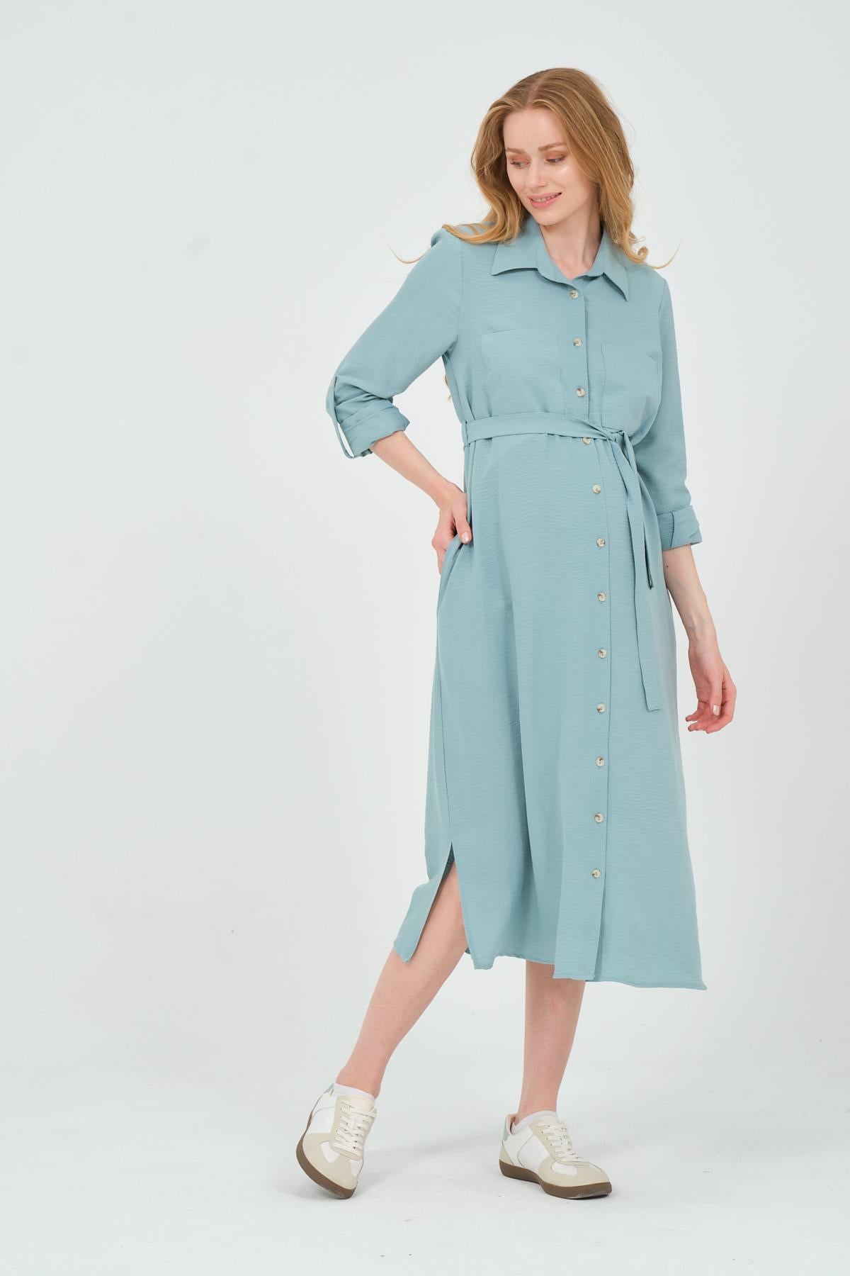Busa Maternity Shirt Collar Front Pocket Midi Length Dress Mink