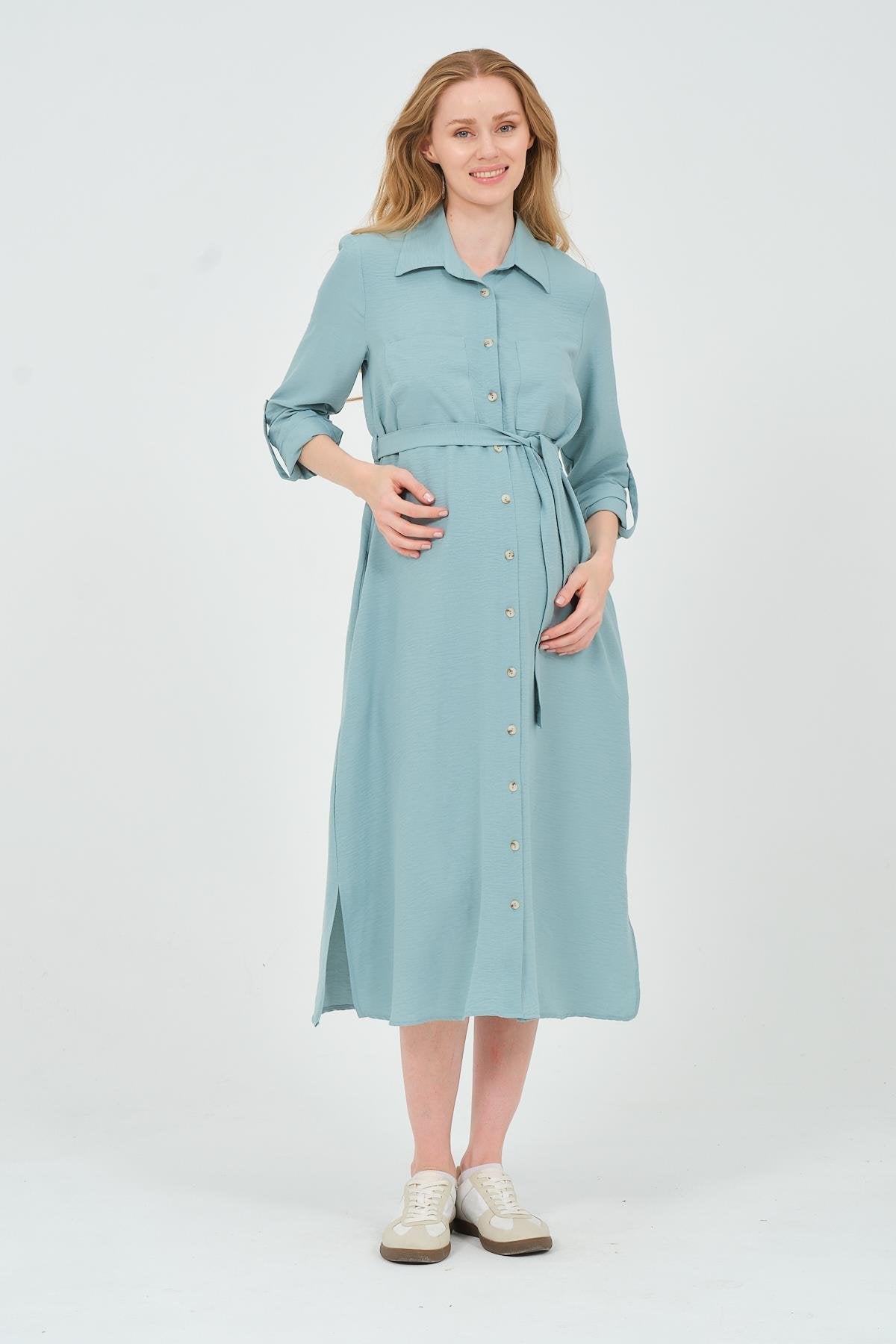 Busa Maternity Shirt Collar Front Pocket Midi Length Dress Mink