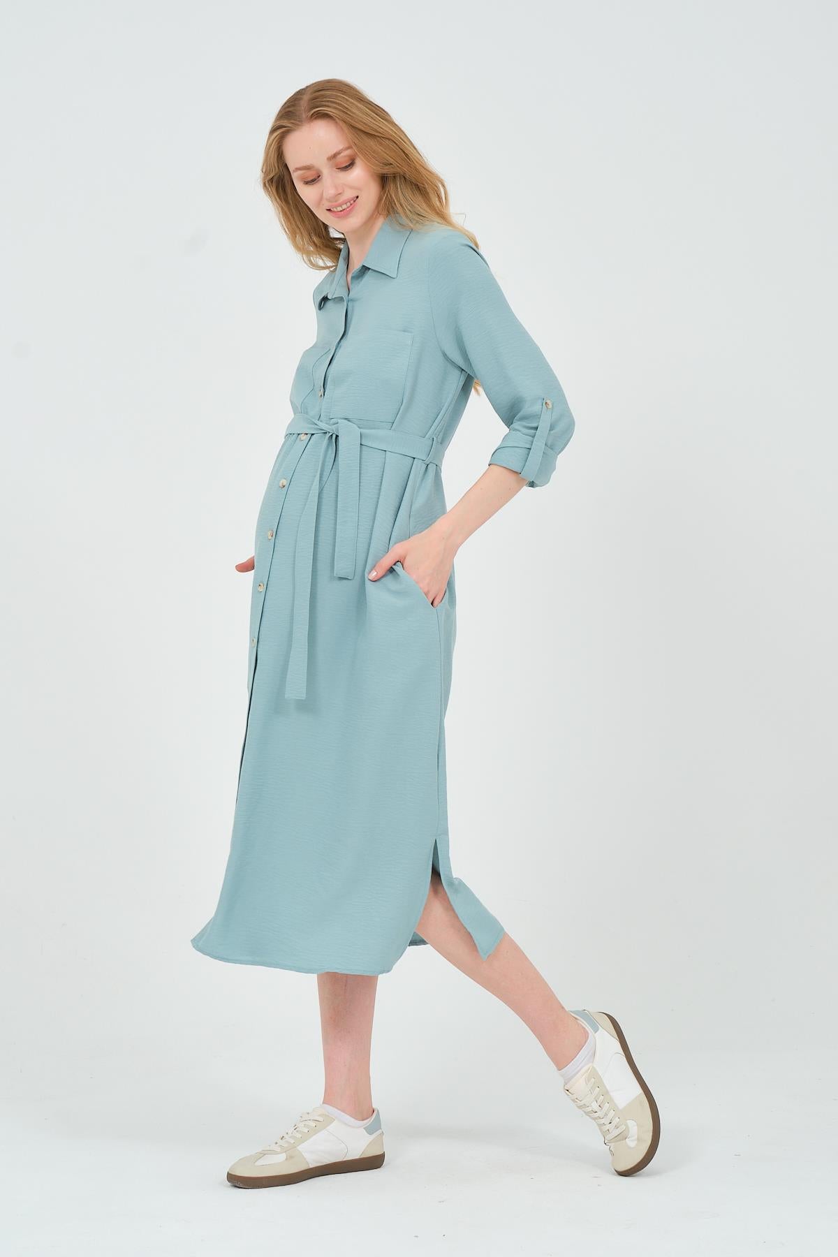 Busa Maternity Shirt Collar Front Pocket Midi Length Dress Mink