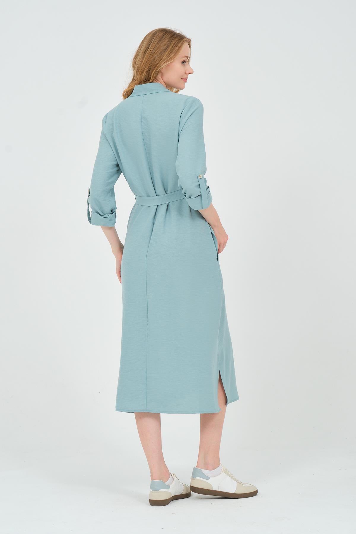 Busa Maternity Shirt Collar Front Pocket Midi Length Dress Mink
