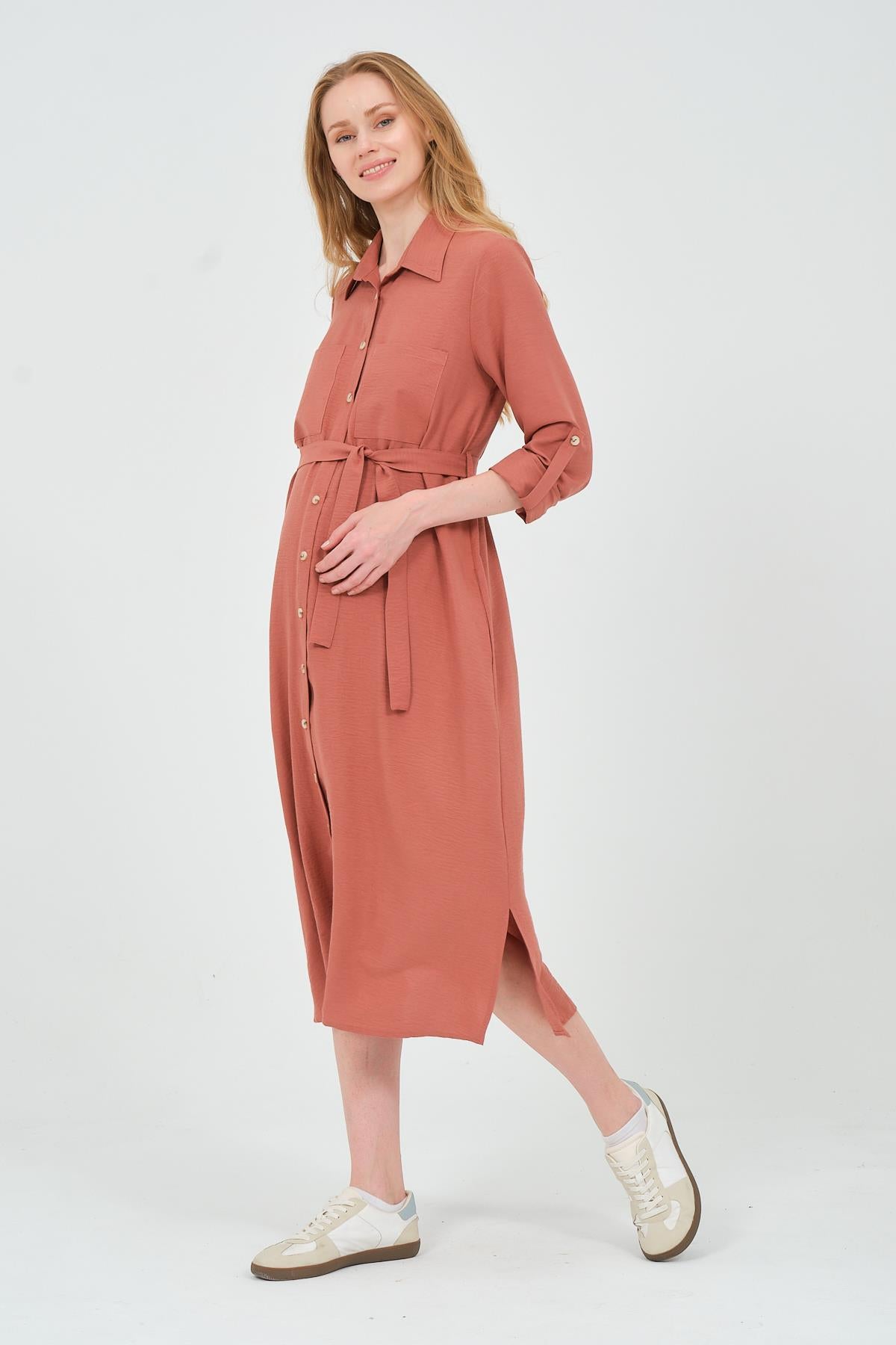 Busa Maternity Shirt Collar Front Pocket Midi Length Dress Mink