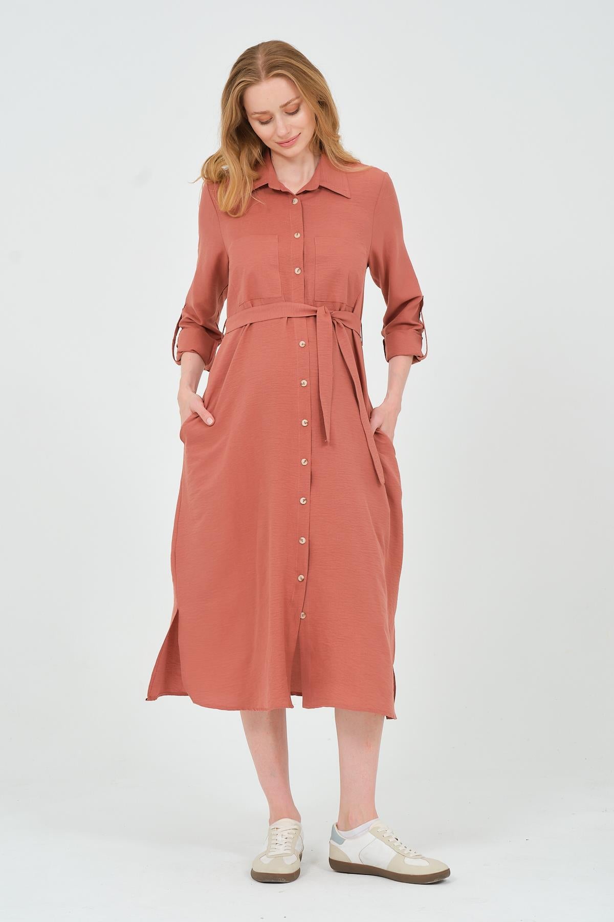 Busa Maternity Shirt Collar Front Pocket Midi Length Dress Mink