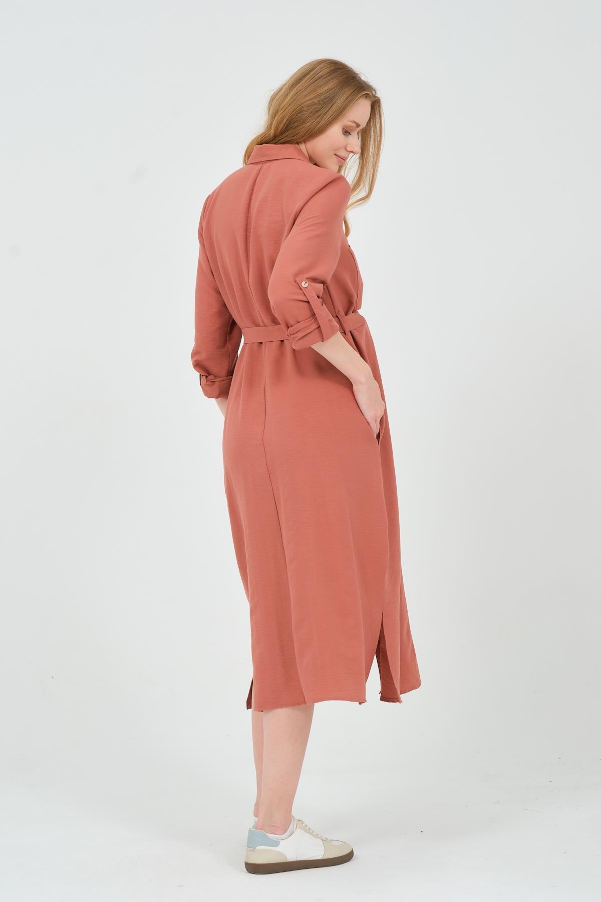 Busa Maternity Shirt Collar Front Pocket Midi Length Dress Mink