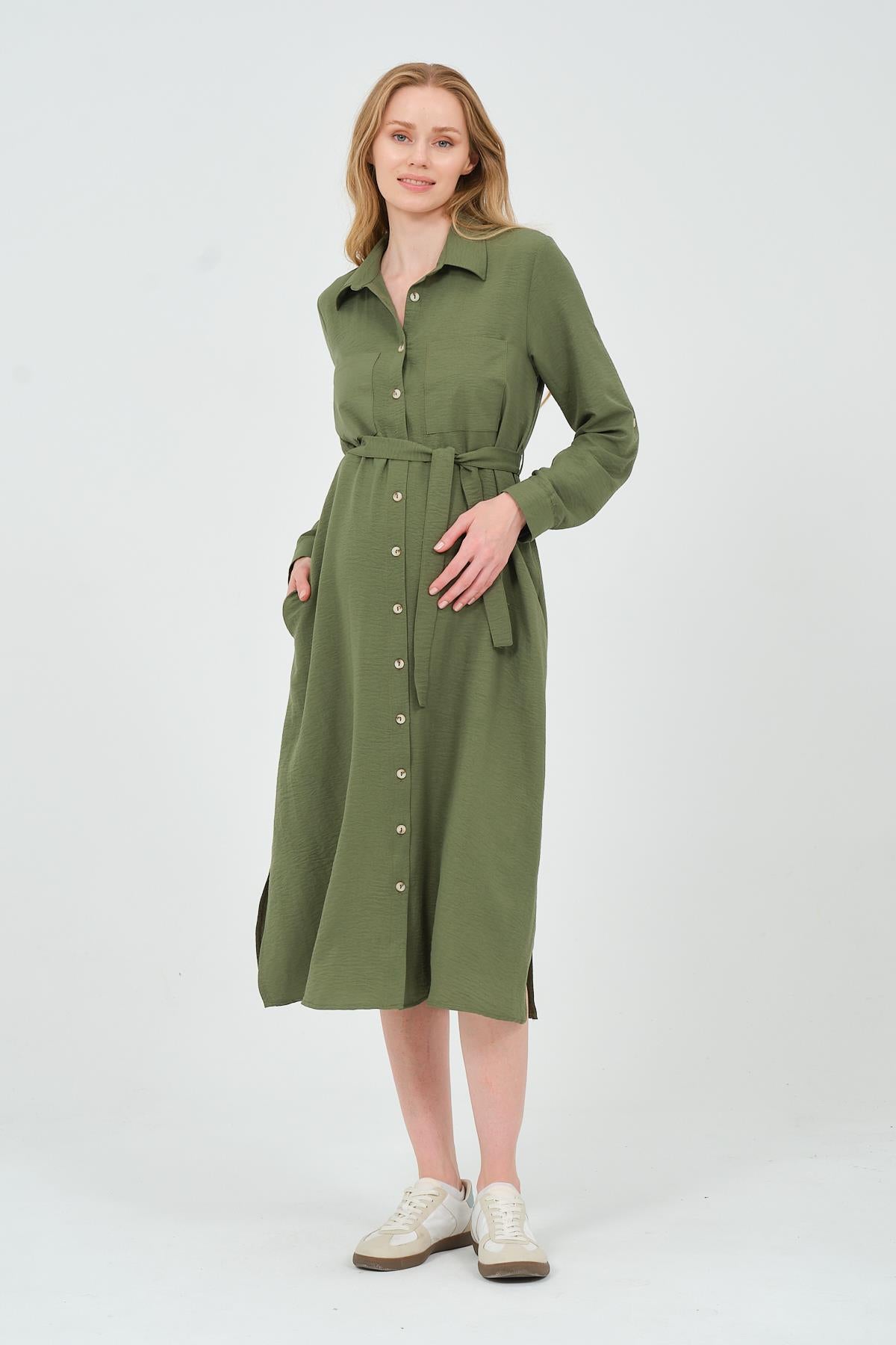 Busa Maternity Shirt Collar Front Pocket Midi Length Dress Mink