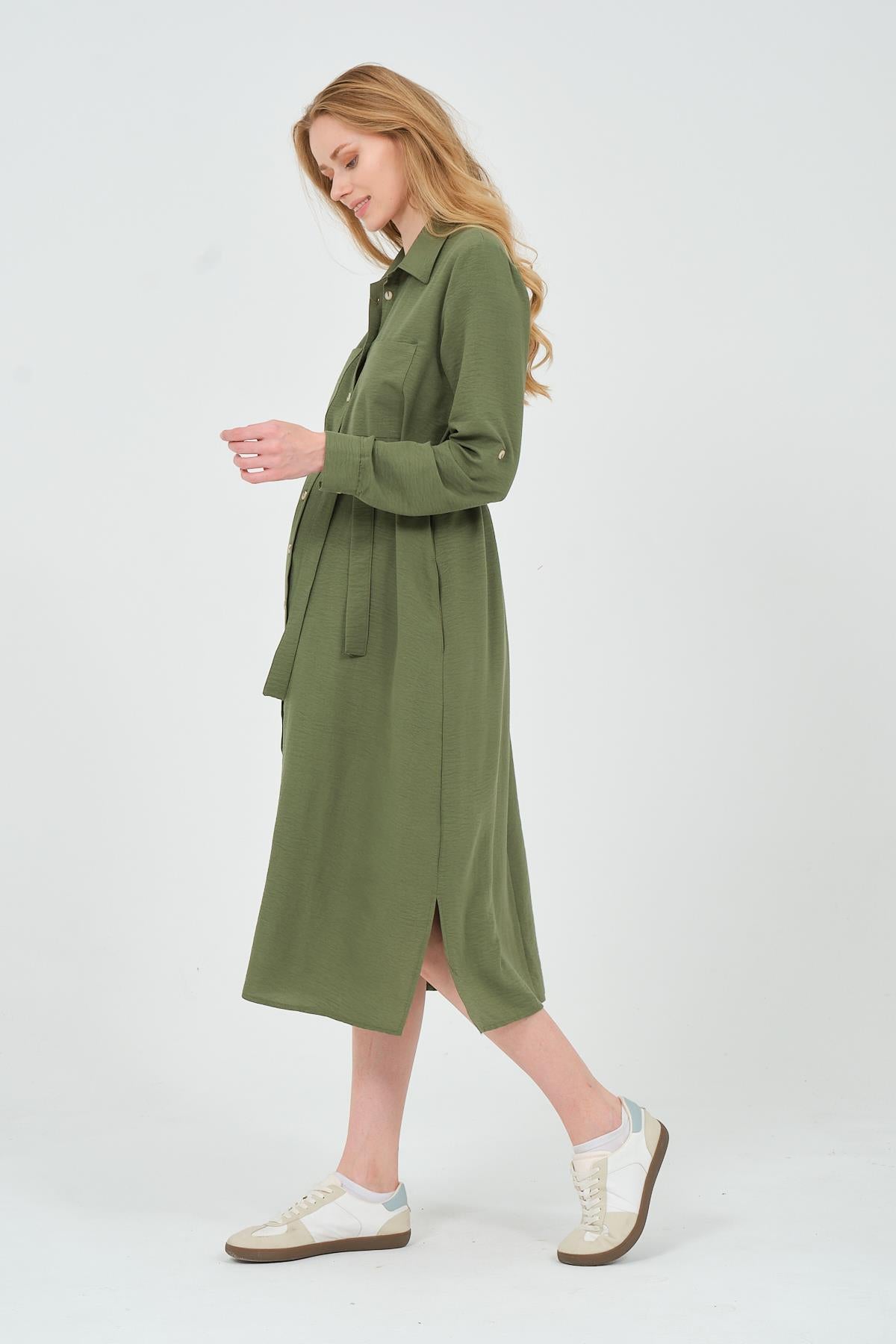 Busa Maternity Shirt Collar Front Pocket Midi Length Dress Mink