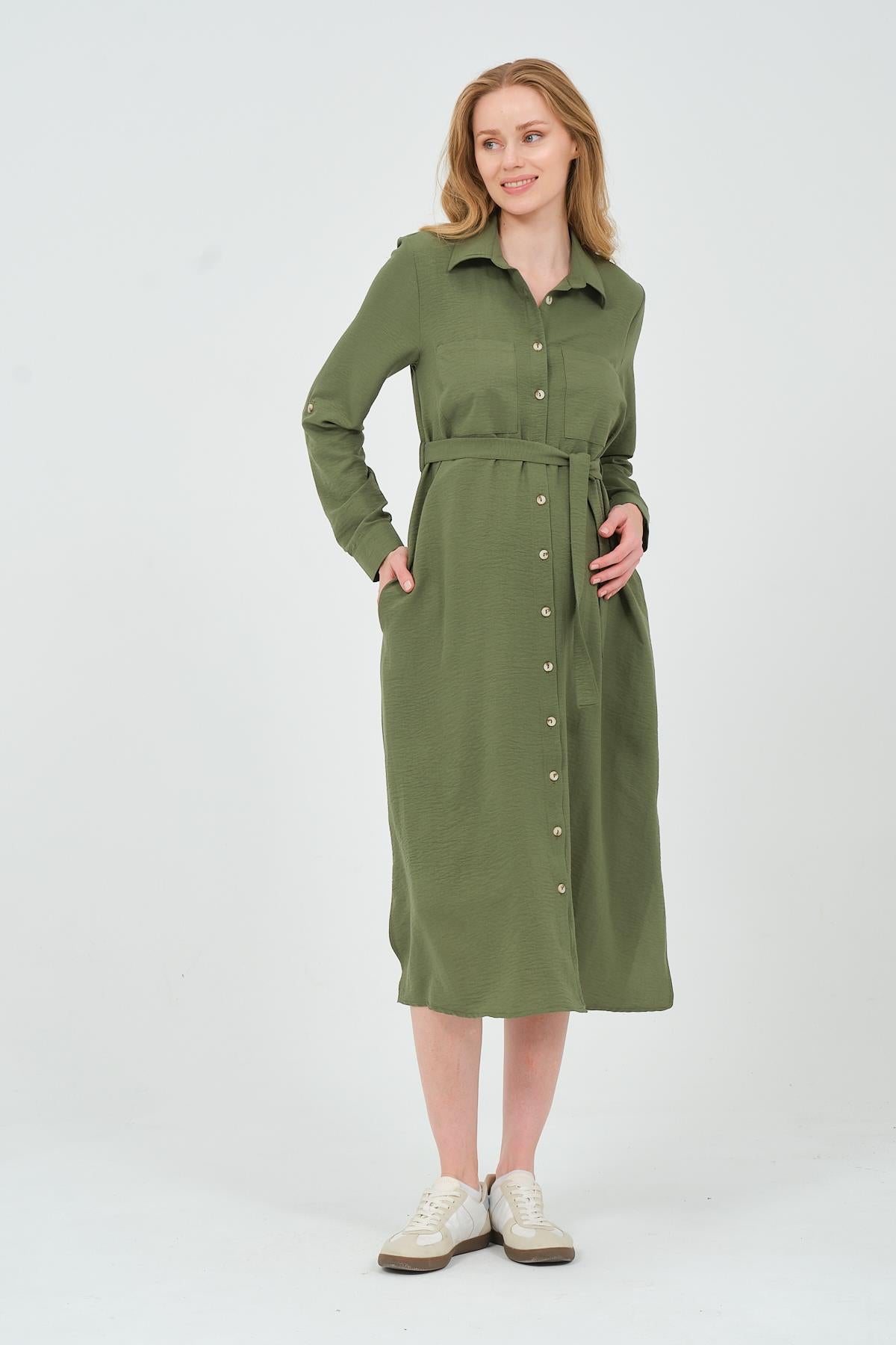 Busa Maternity Shirt Collar Front Pocket Midi Length Dress Mink