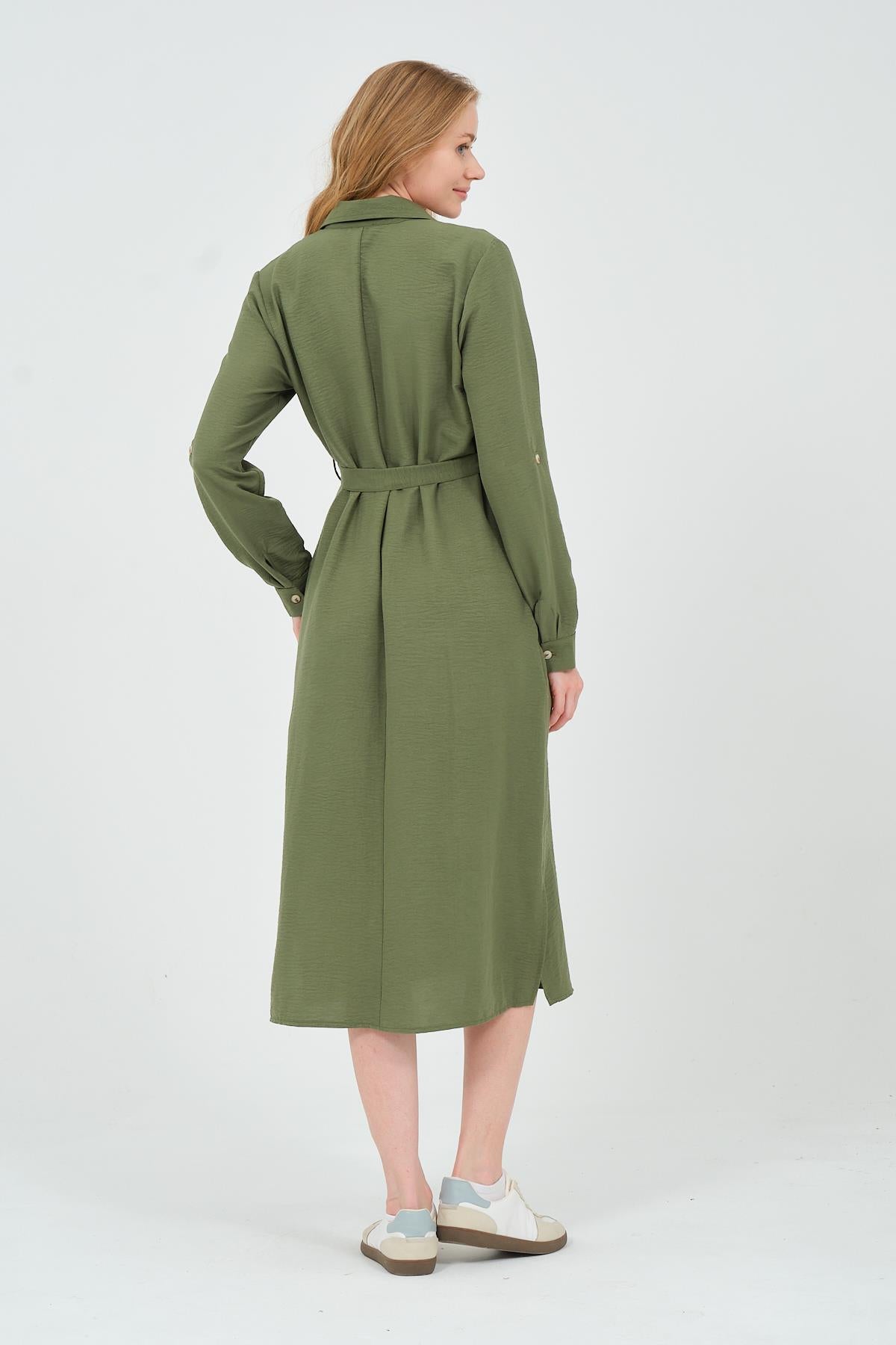 Busa Maternity Shirt Collar Front Pocket Midi Length Dress Mink