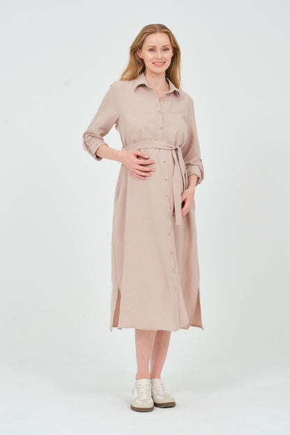 Busa Maternity Shirt Collar Front Pocket Midi Length Dress Mink