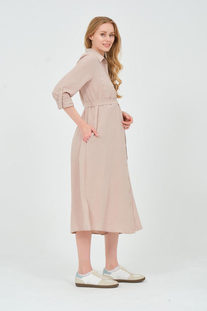Busa Maternity Shirt Collar Front Pocket Midi Length Dress Mink