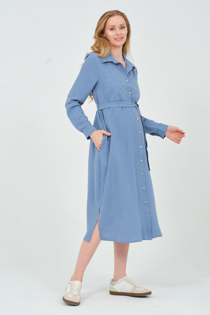 Busa Maternity Shirt Collar Front Pocket Midi Length Dress Mink