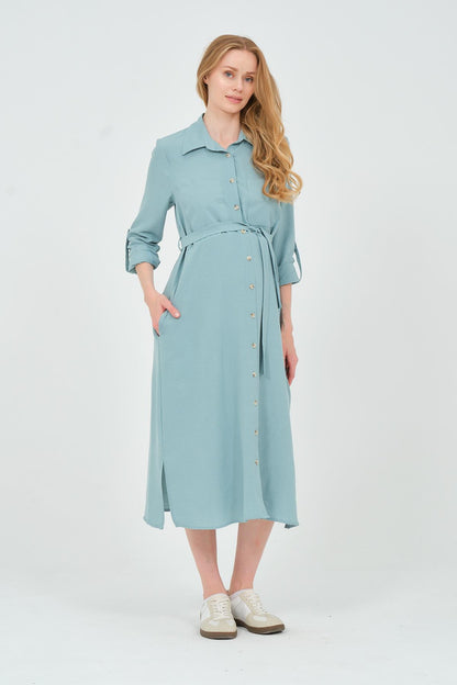 Busa Maternity Shirt Collar Front Pocket Midi Length Dress Mink