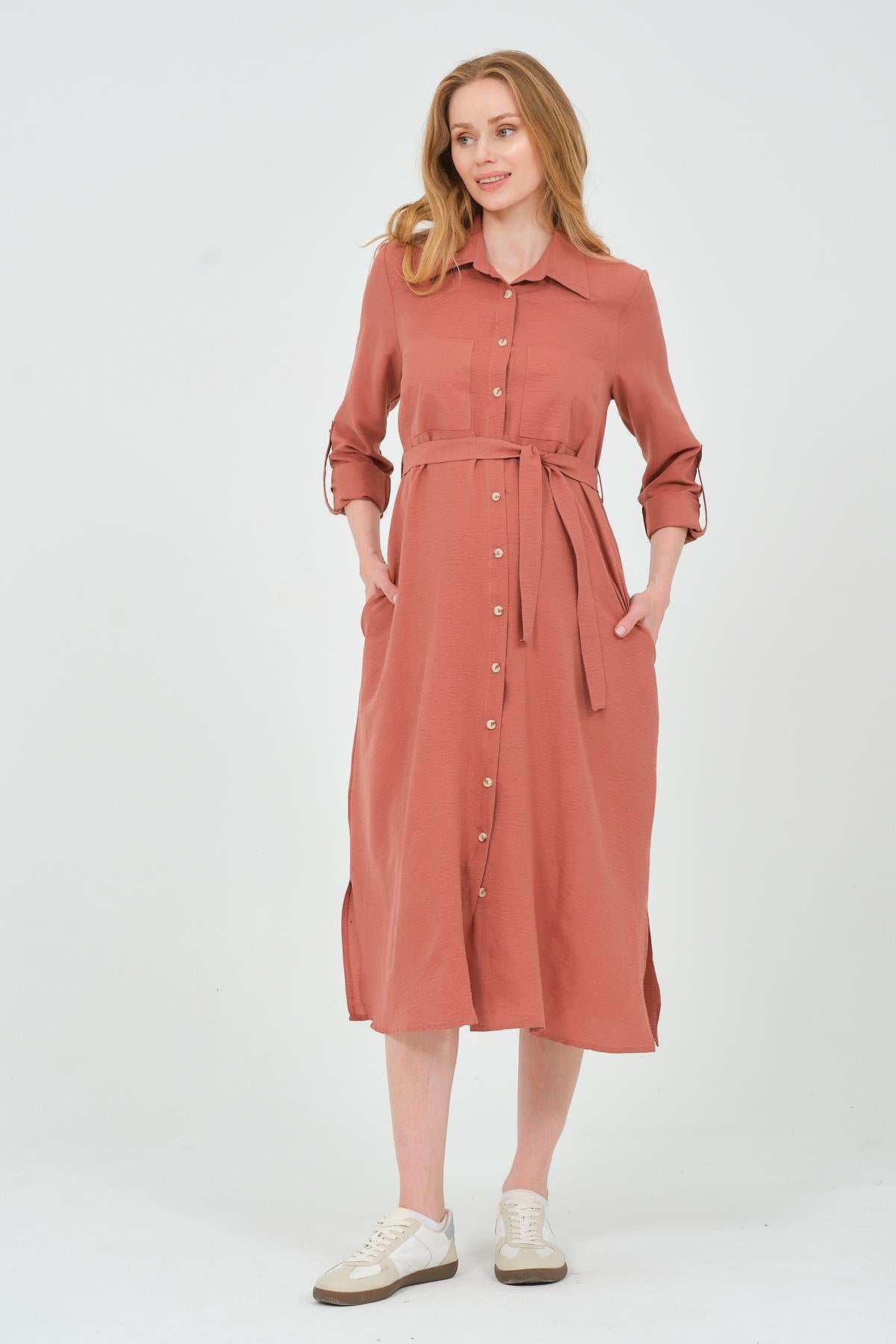 Busa Maternity Shirt Collar Front Pocket Midi Length Dress Mink