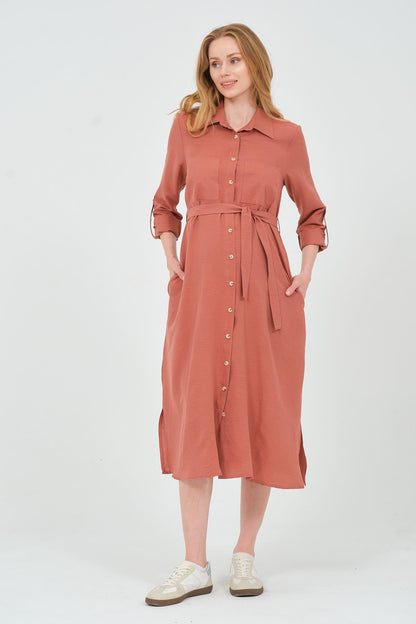 Busa Maternity Shirt Collar Front Pocket Midi Length Dress Mink