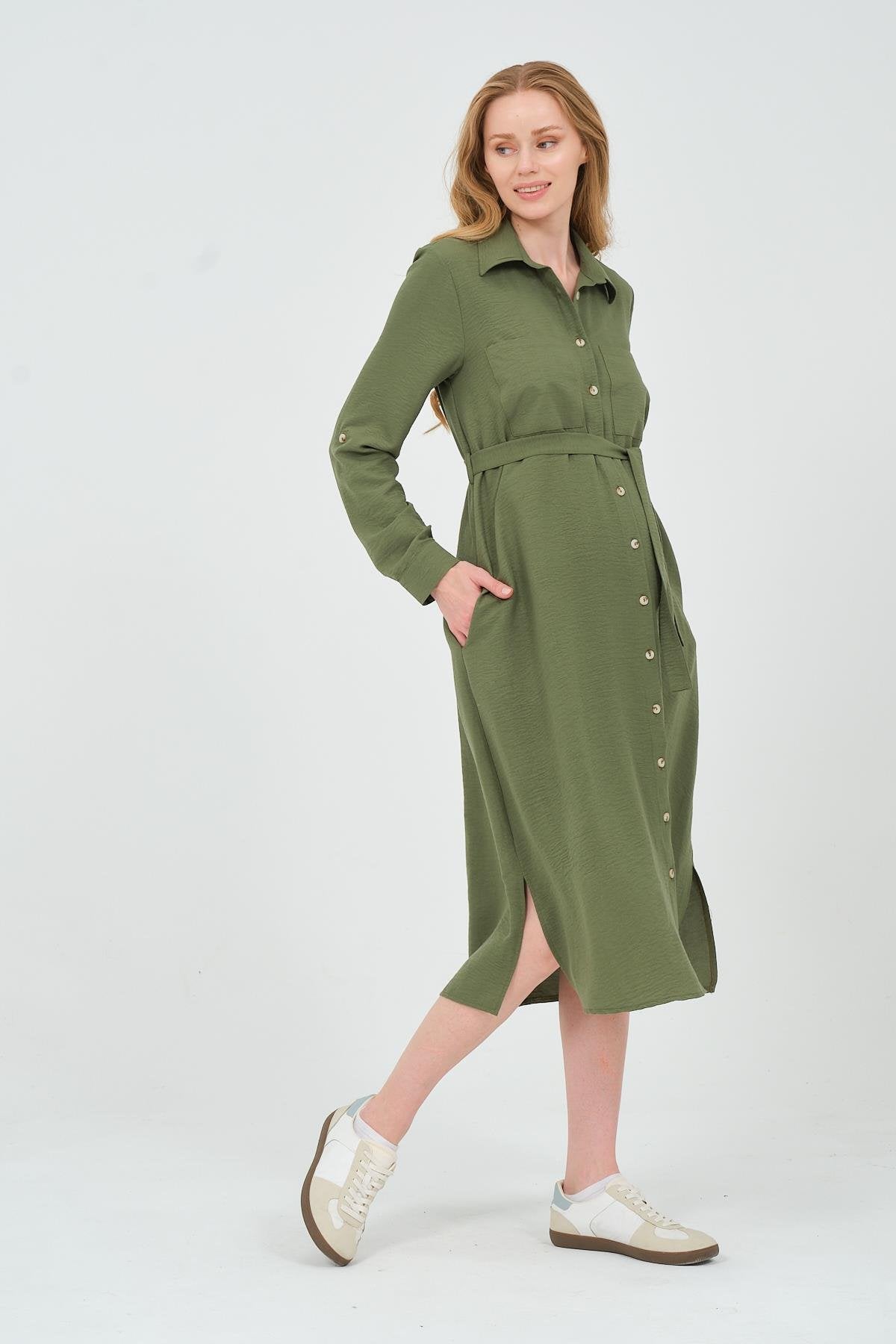 Busa Maternity Shirt Collar Front Pocket Midi Length Dress Mink