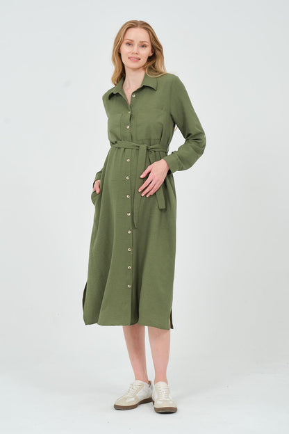 Busa Maternity Shirt Collar Front Pocket Midi Length Dress Mink