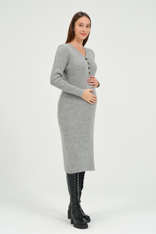 Busa Maternity Midi Length V Neck Buttoned Sweater Dress