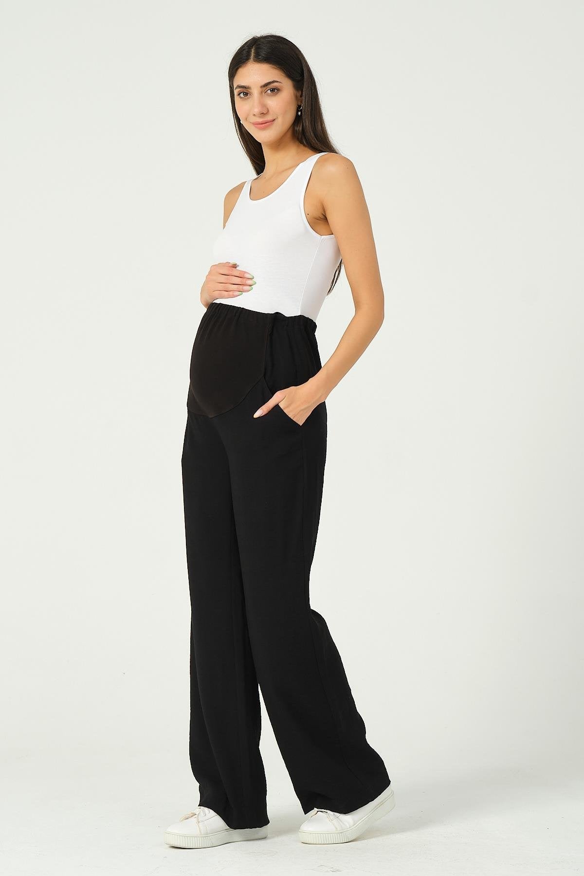 Busa Maternity Stretchy Abdominal Banded Waist Adjustable Classic Wide Leg Pants