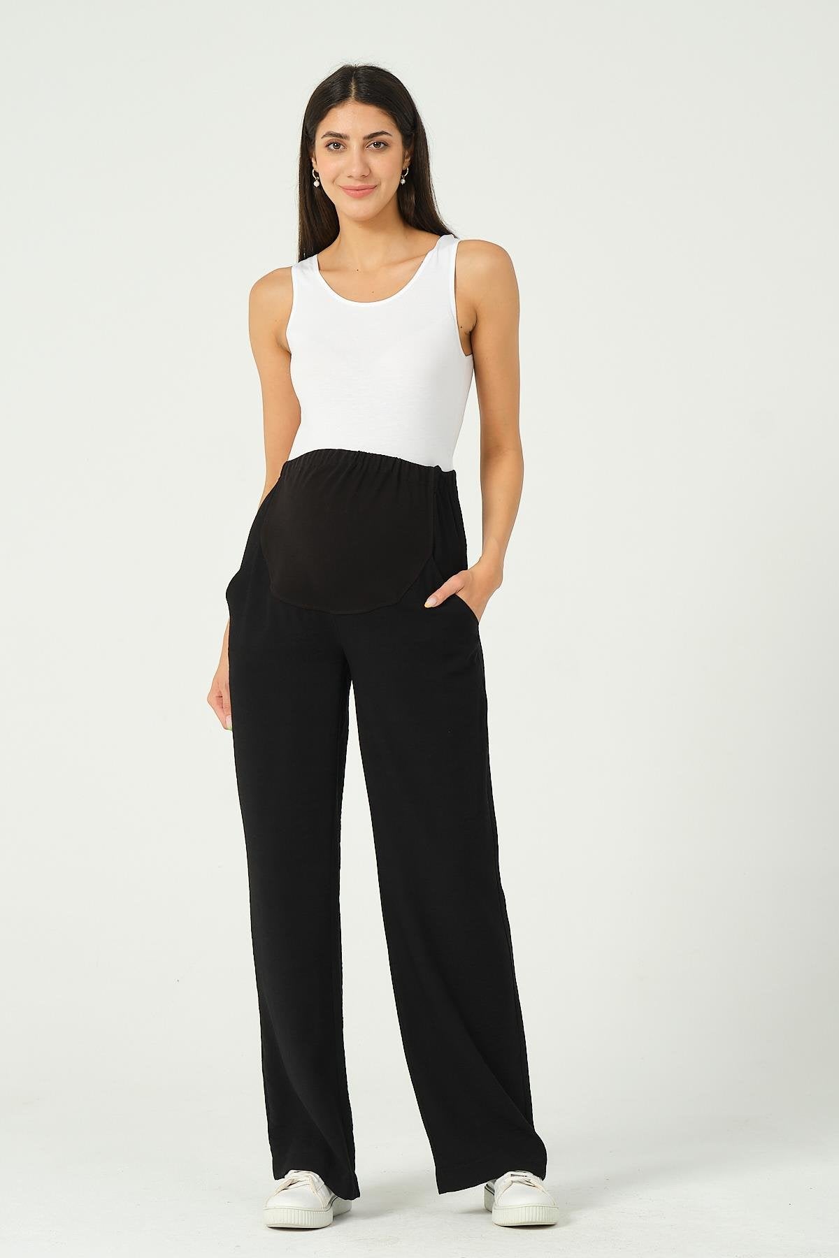 Busa Maternity Stretchy Abdominal Banded Waist Adjustable Classic Wide Leg Pants