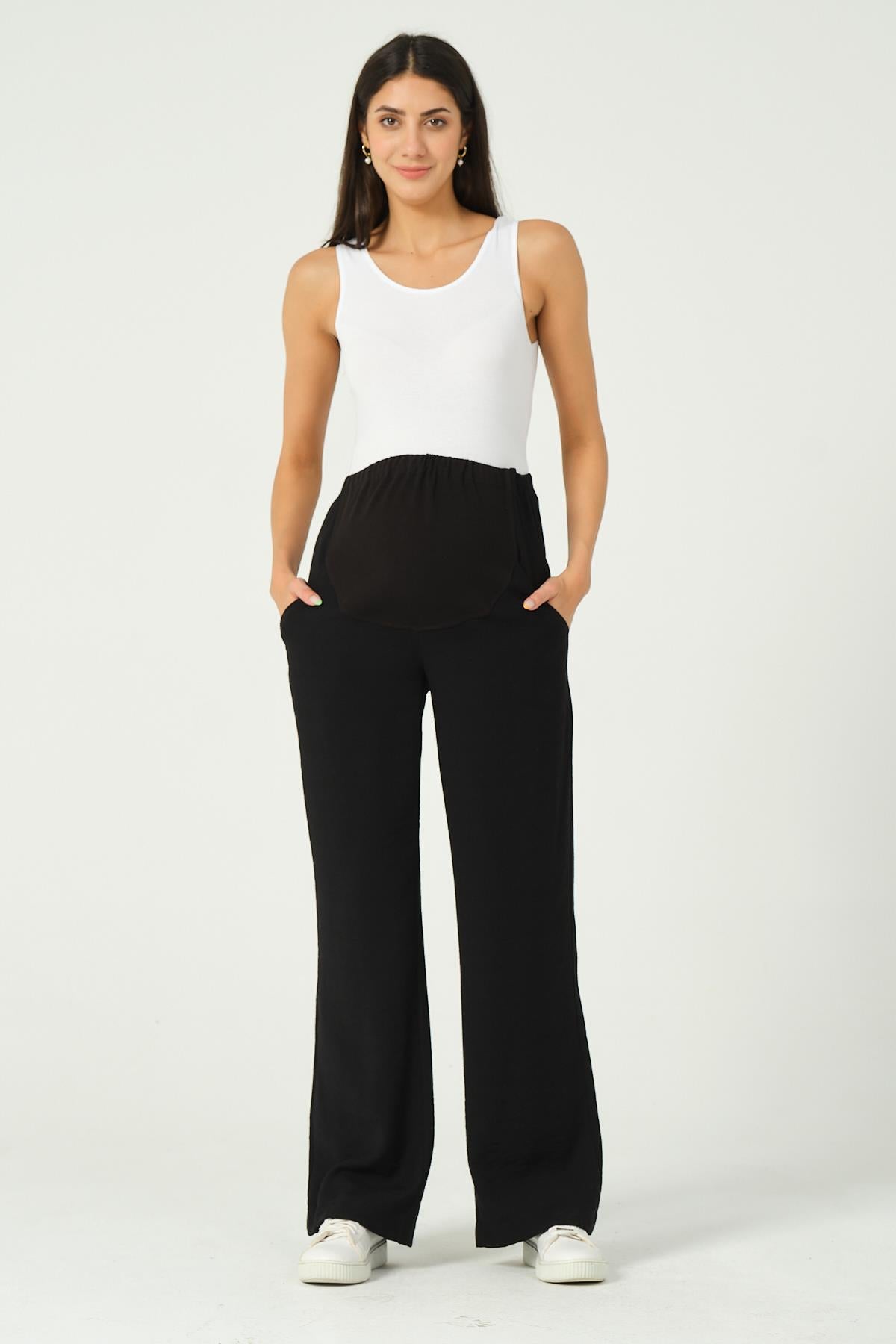Busa Maternity Stretchy Abdominal Banded Waist Adjustable Classic Wide Leg Pants