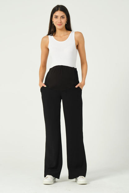 Busa Maternity Stretchy Abdominal Banded Waist Adjustable Classic Wide Leg Pants