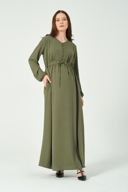 Busa Maternity Long Sleeve Maxi Length V Neck Hijab Dress Khaki