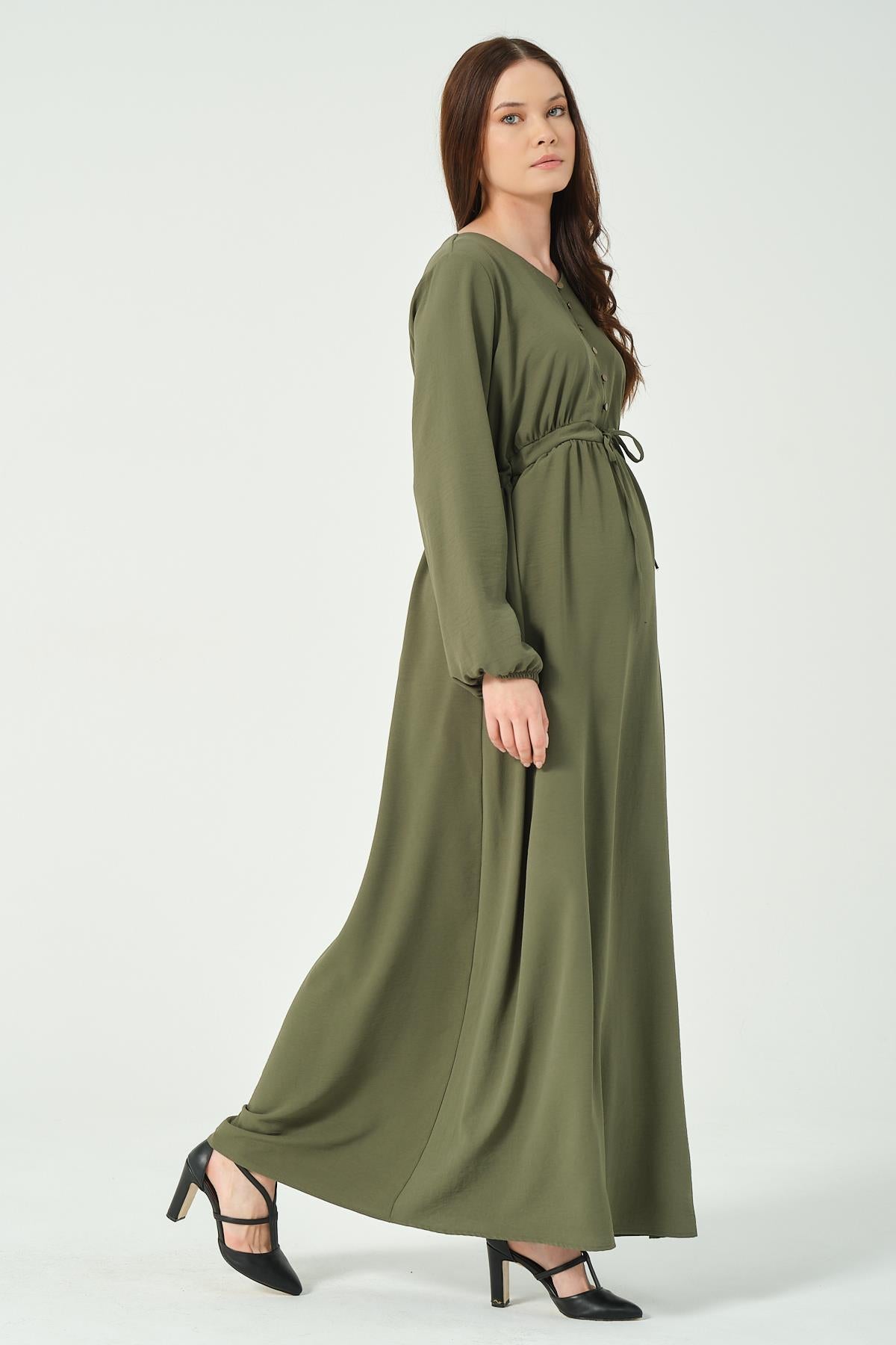 Busa Maternity Long Sleeve Maxi Length V Neck Hijab Dress Khaki