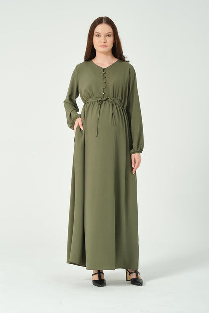 Busa Maternity Long Sleeve Maxi Length V Neck Hijab Dress Khaki