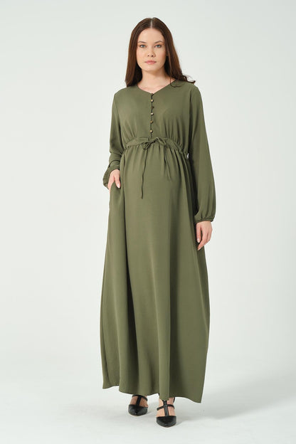 Busa Maternity Long Sleeve Maxi Length V Neck Hijab Dress Khaki