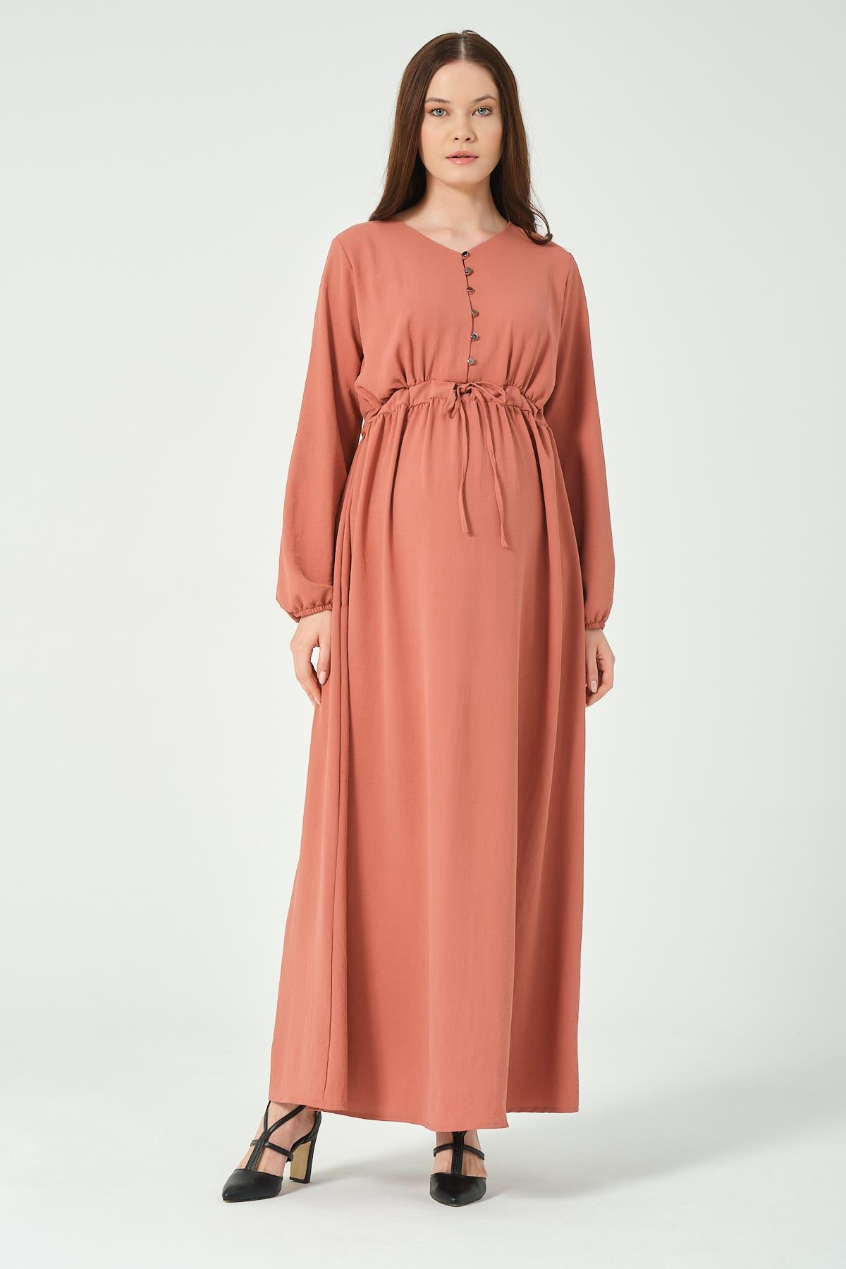 Busa Maternity Long Sleeve Maxi Length V Neck Hijab Dress Khaki