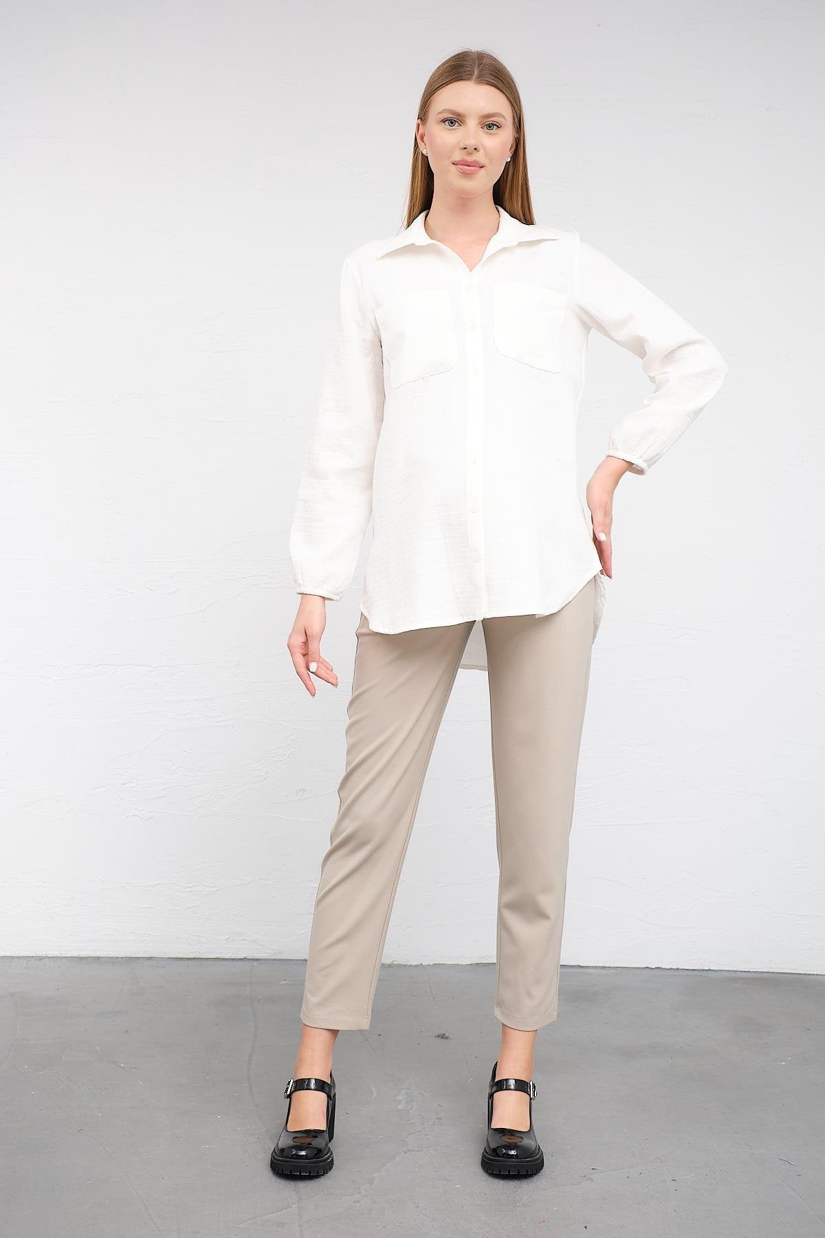 Busa Maternity Front Pocket Linen Shirt with Elasticized Sleeves