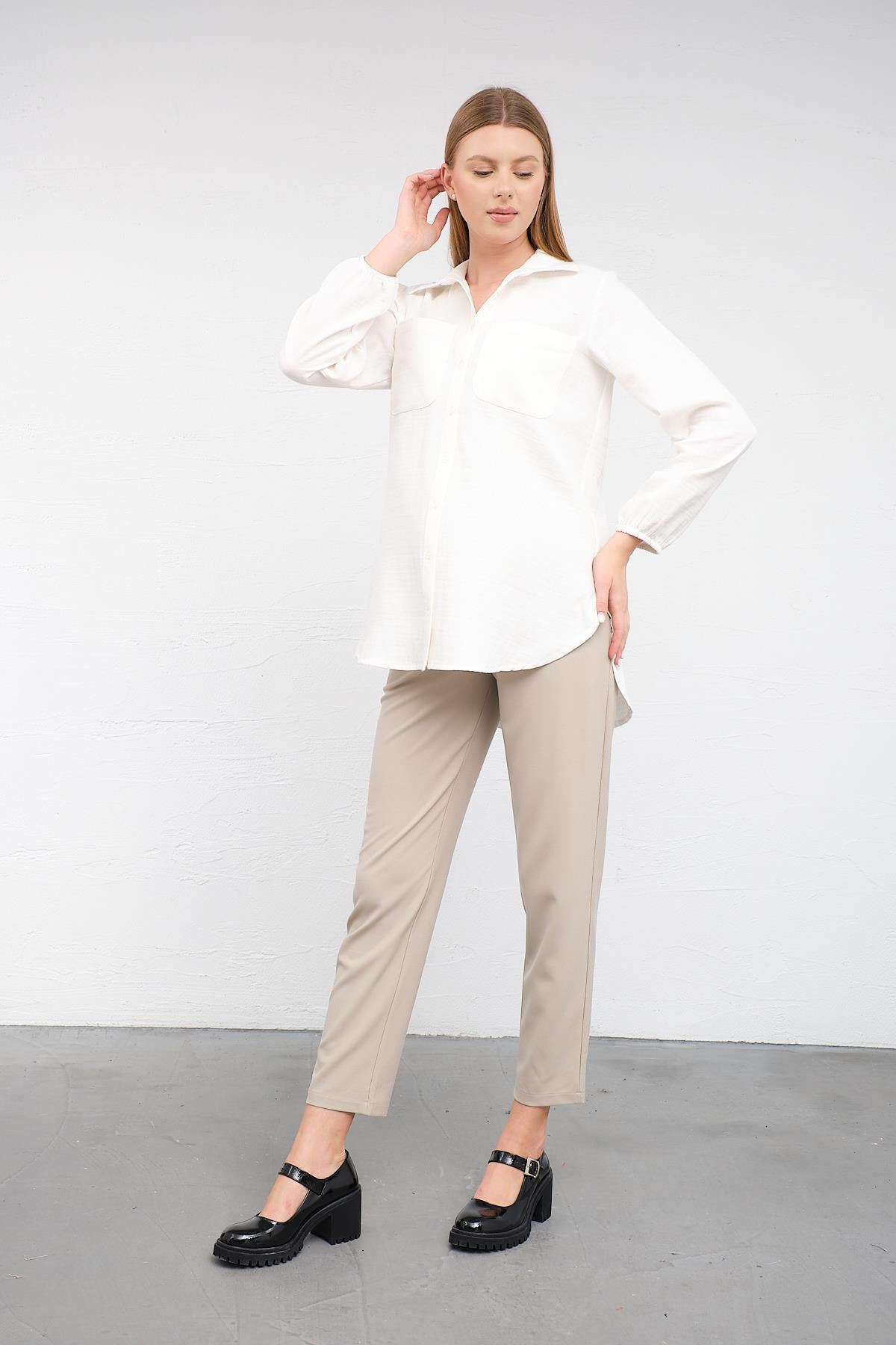 Busa Maternity Front Pocket Linen Shirt with Elasticized Sleeves