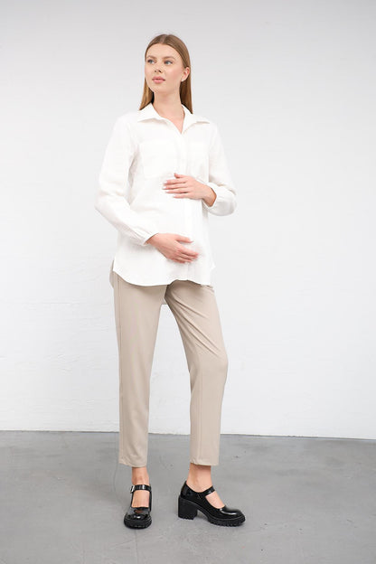 Busa Maternity Front Pocket Linen Shirt with Elasticized Sleeves