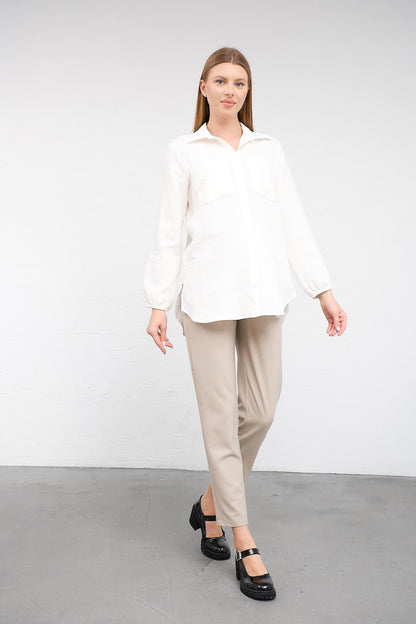 Busa Maternity Front Pocket Linen Shirt with Elasticized Sleeves