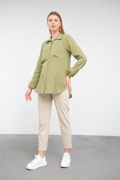Busa Maternity Front Pocket Linen Shirt with Elasticized Sleeves