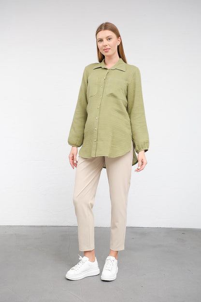 Busa Maternity Front Pocket Linen Shirt with Elasticized Sleeves