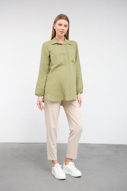Busa Maternity Front Pocket Linen Shirt with Elasticized Sleeves