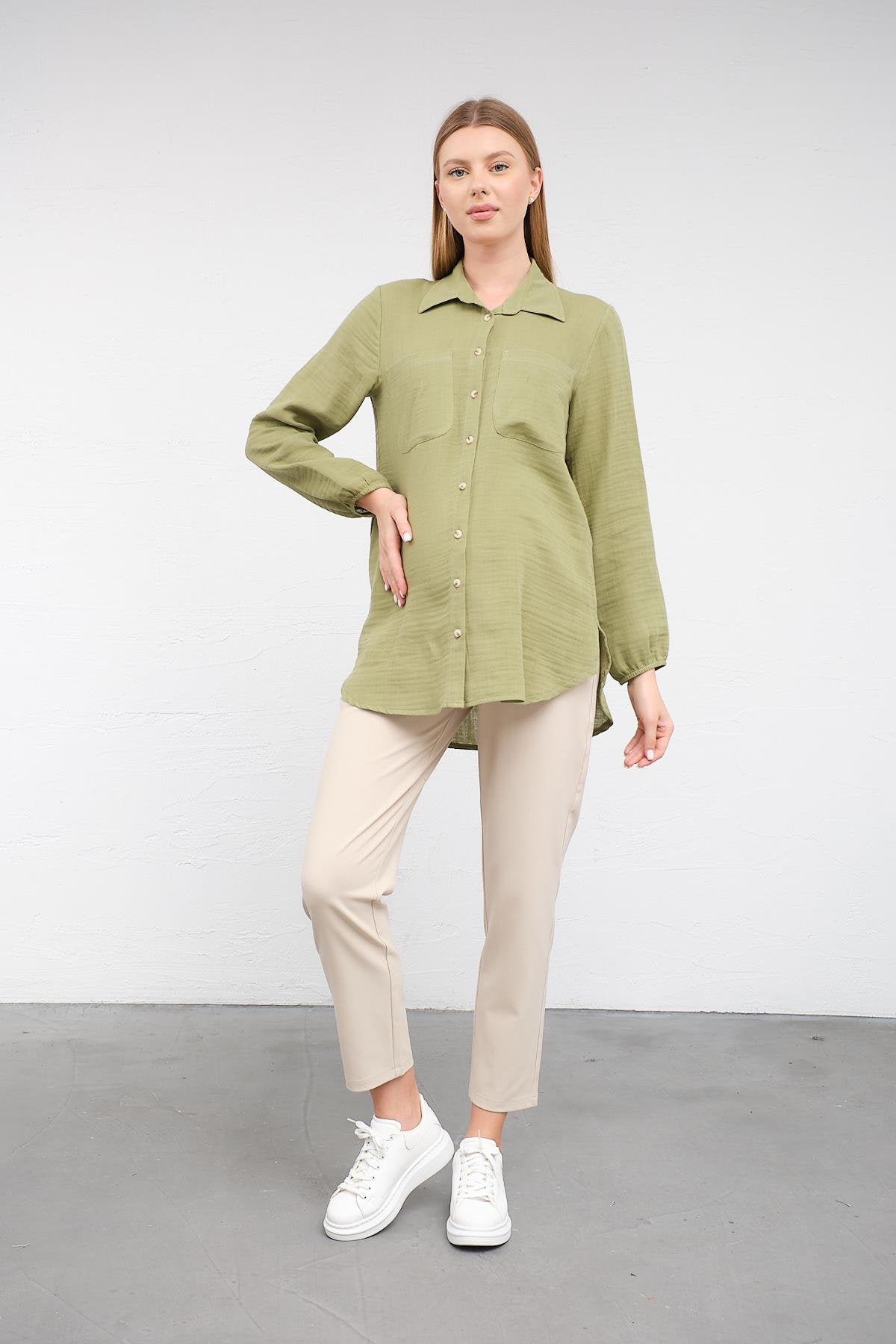 Busa Maternity Front Pocket Linen Shirt with Elasticized Sleeves